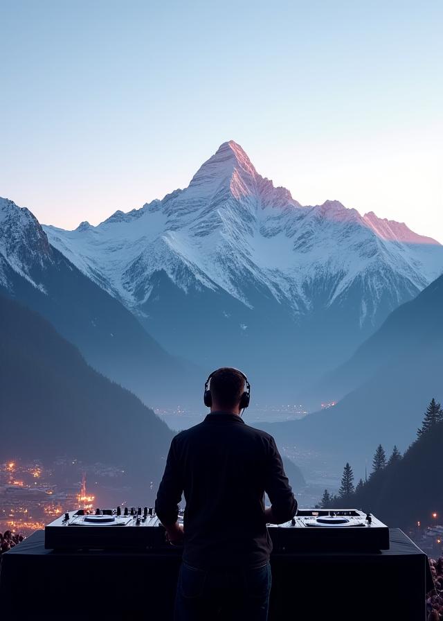 Ein DJ-Pult mit Blick auf die schneebedeckten Alpen bei einem Musikfestival in der Nähe von Innsbruck.