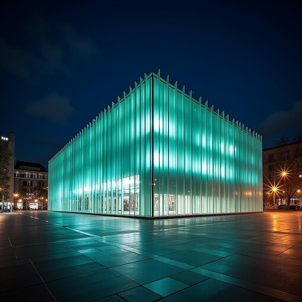 Das moderne, architektonisch auffällige Kunsthaus in Graz bei Nacht.