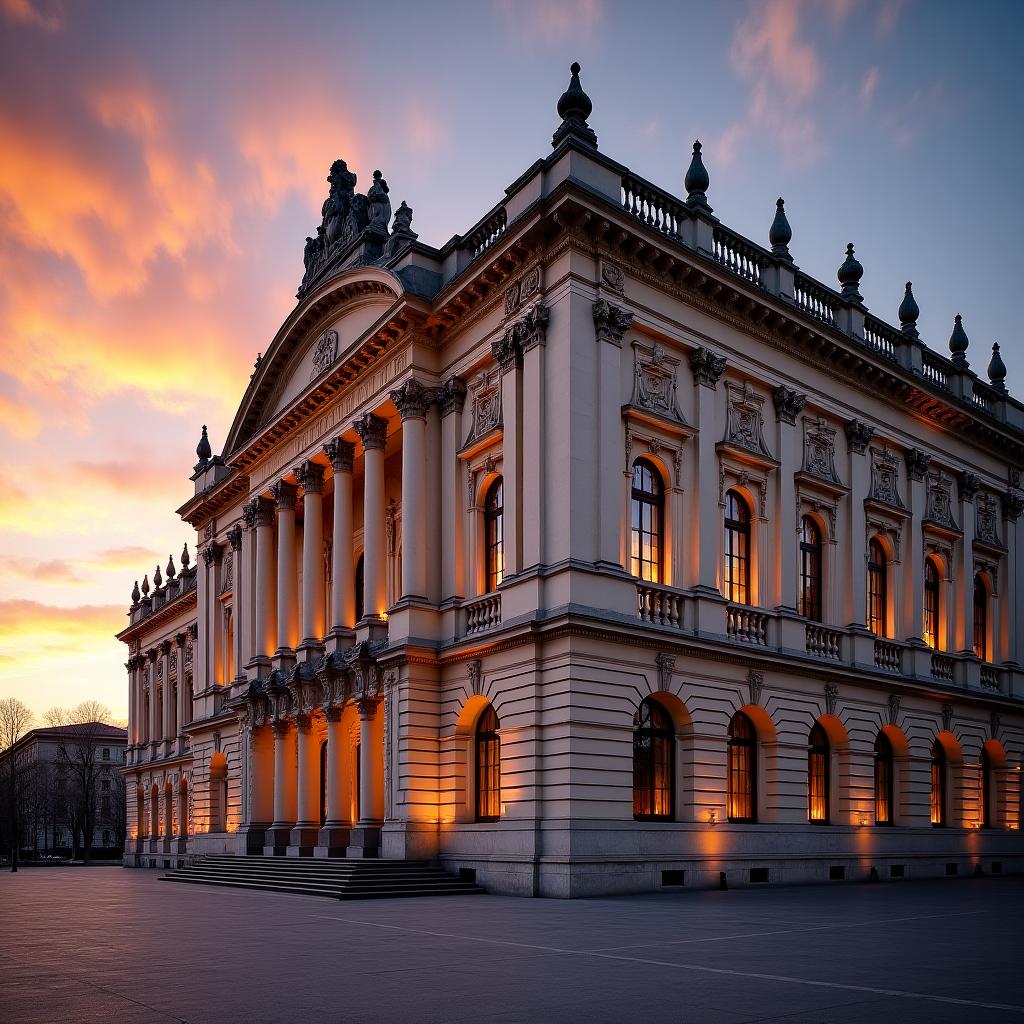 Das historische Burgtheater in Wien bei Sonnenuntergang.