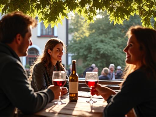 Menschen sitzen an Holztischen in einem lauschigen Innenhof eines Heurigen und trinken Wein.