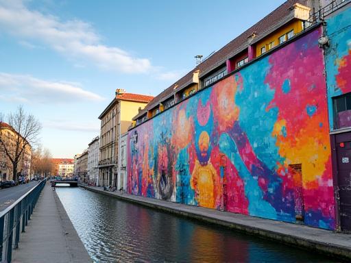 Ein großes, farbenfrohes Mural an einer Hauswand am Wiener Donaukanal.