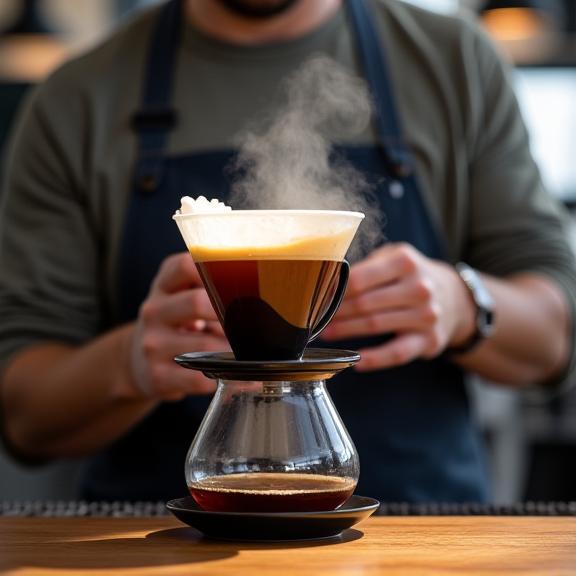 Ein Barista bereitet sorgfältig einen Pour-Over-Kaffee in einem minimalistischen, modernen Café zu.