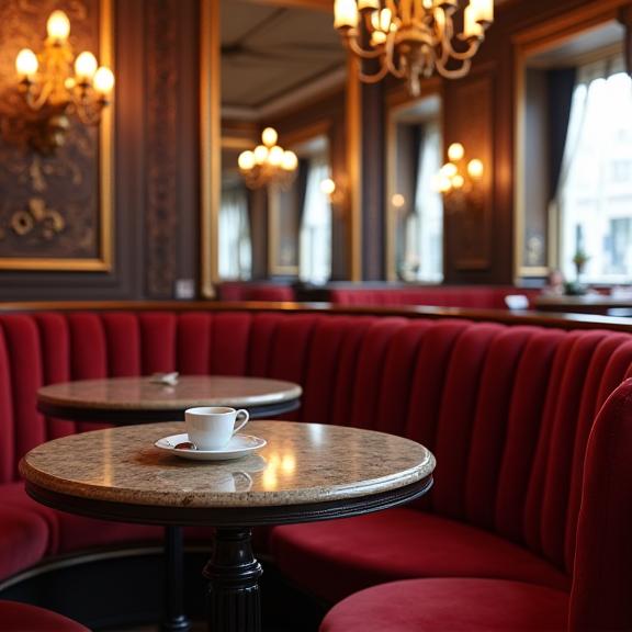 Elegantes Interieur eines traditionellen Wiener Kaffeehauses mit Samtbänken und Marmortischen.