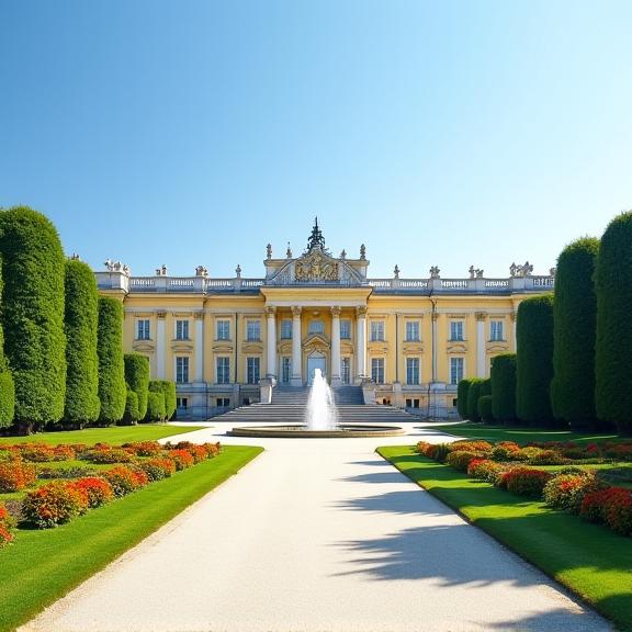 Die prachtvolle Fassade von Schloss Schönbrunn in Wien, umgeben von gepflegten Gärten.
